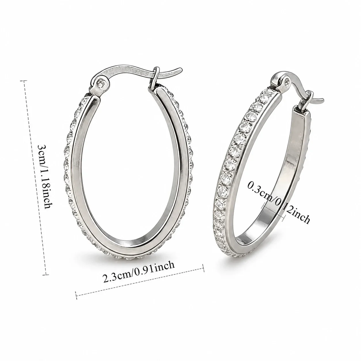 Polished 316 Stainless Steel Pave Oval Hoop Earrings - Silver