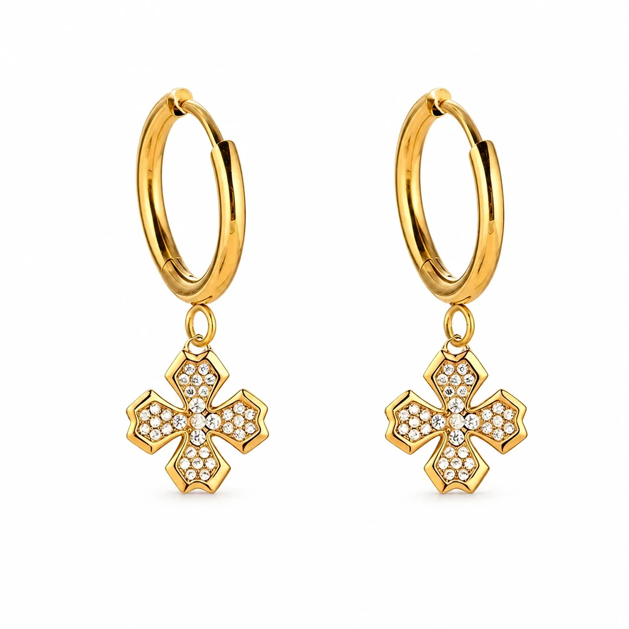 Polished 316 Stainless Steel Pavé Charm Hoop Earrings
