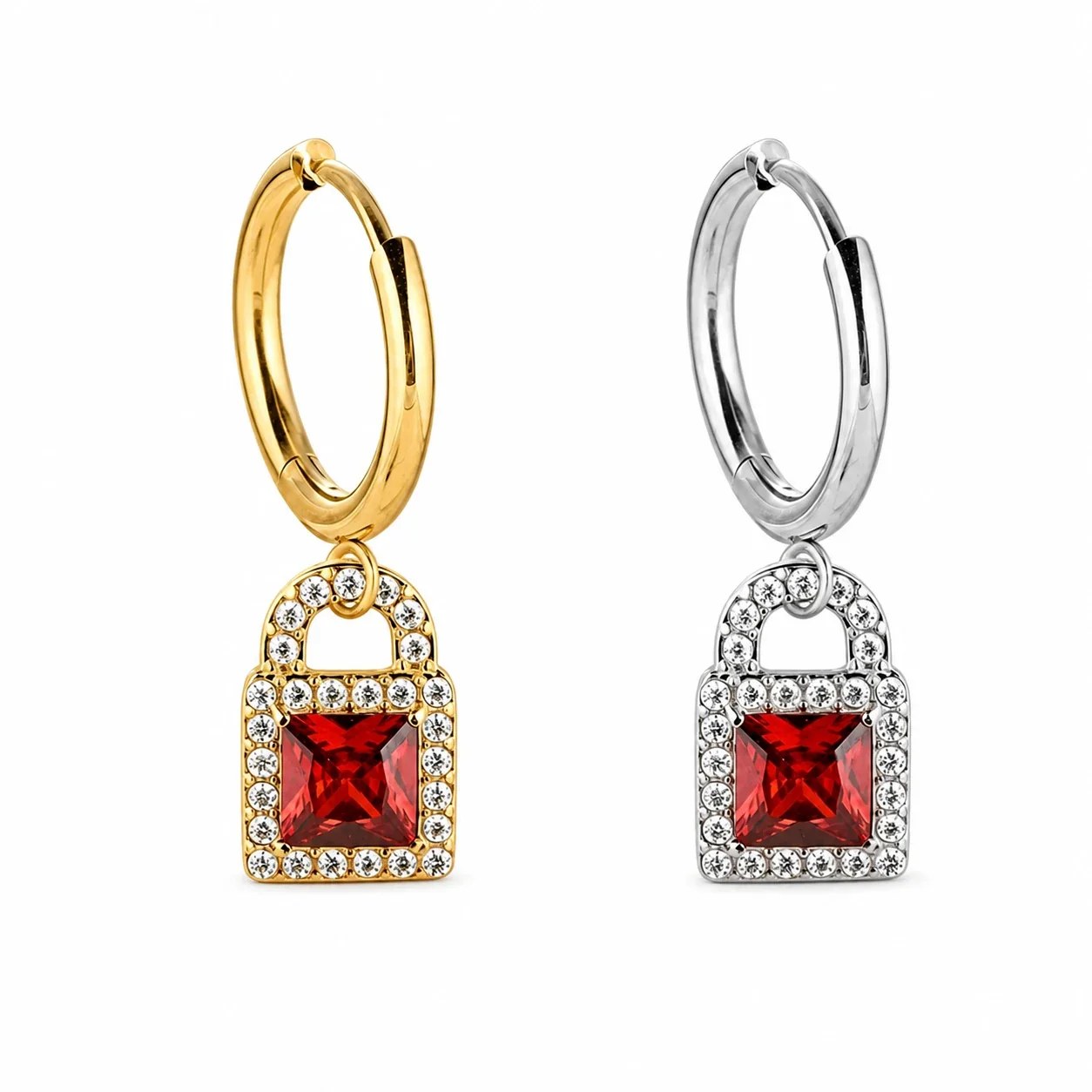 Polished 316 Stainless Steel Pavé Charm Hoop Earrings