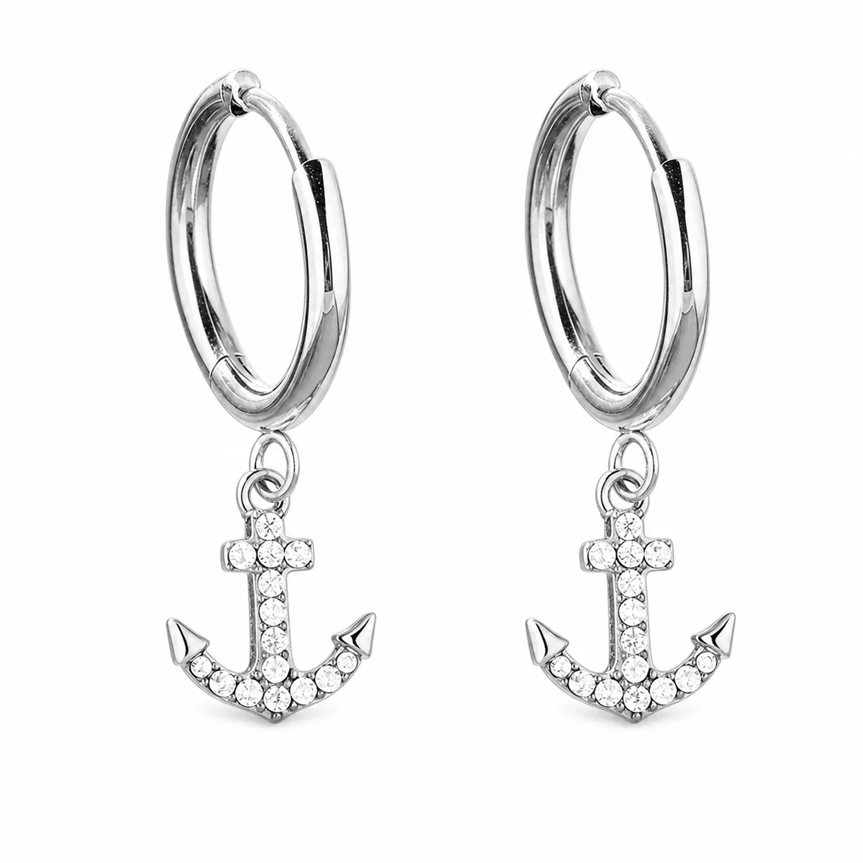 Polished 316 Stainless Steel Pavé Charm Hoop Earrings
