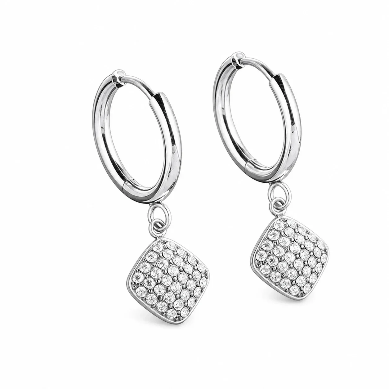 Polished 316 Stainless Steel Pavé Charm Hoop Earrings