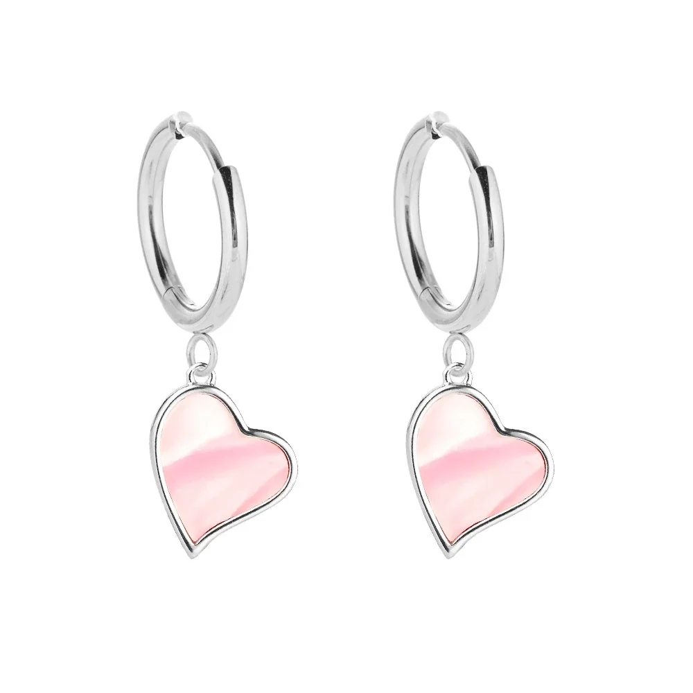 Polished 316 Stainless Steel Pavé Charm Hoop Earrings - Silver Heart