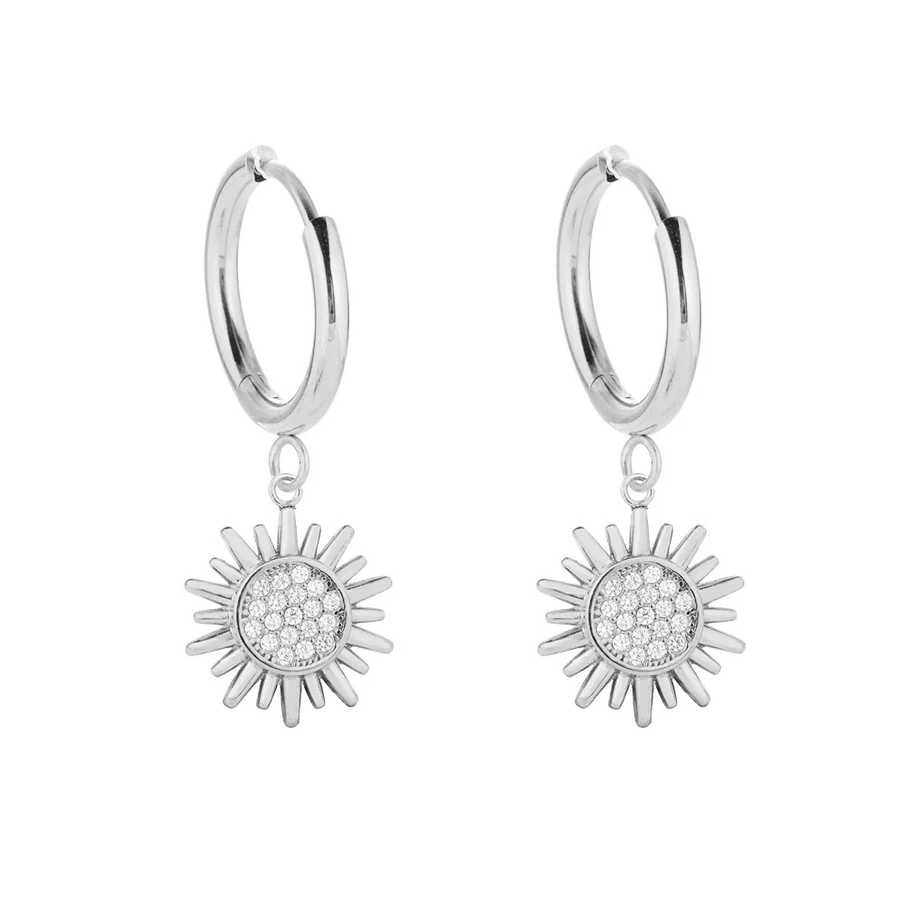 Polished 316 Stainless Steel Pavé Charm Hoop Earrings - Gold Sun