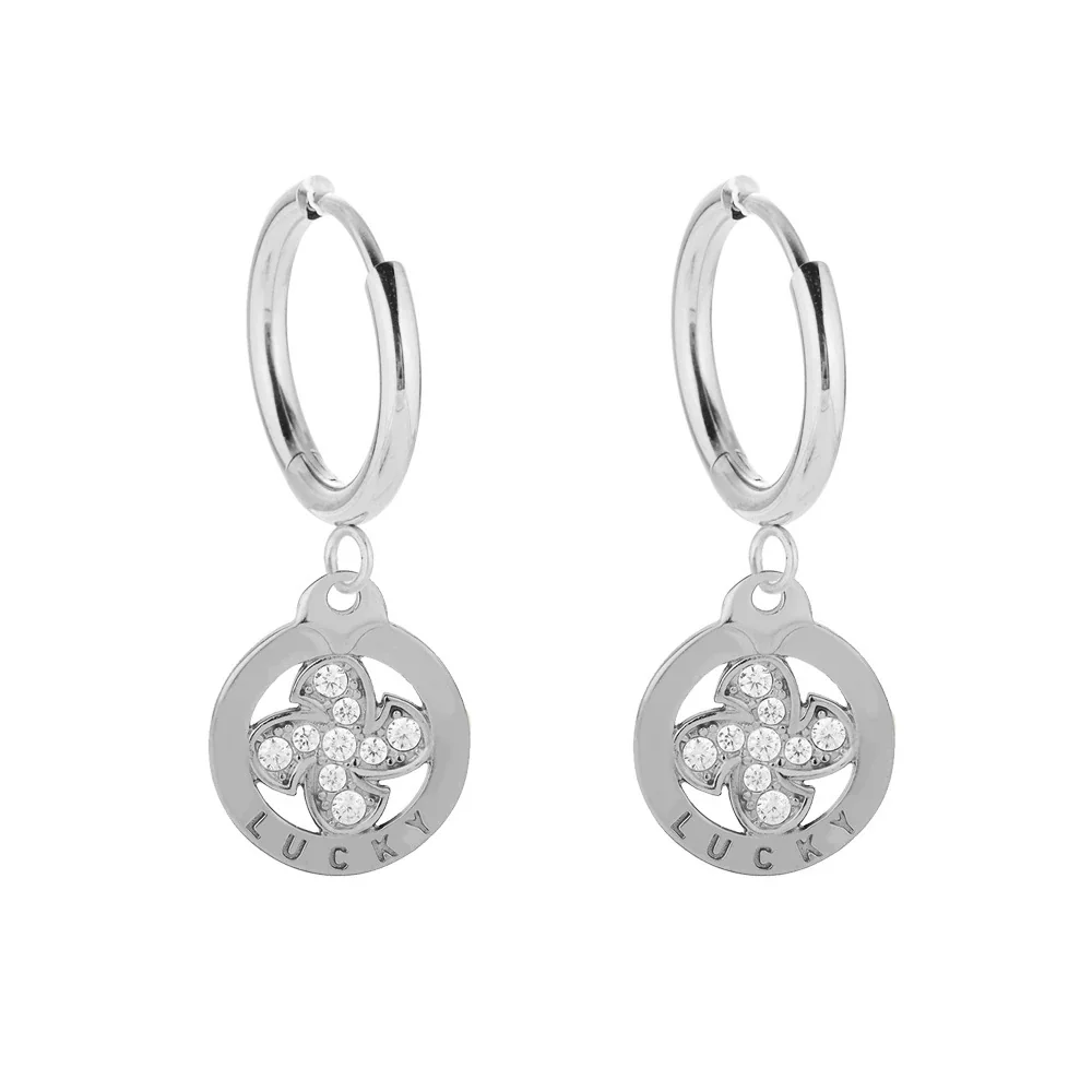 Polished 316 Stainless Steel Pavé Charm Hoop Earrings - Silver Pinwheel