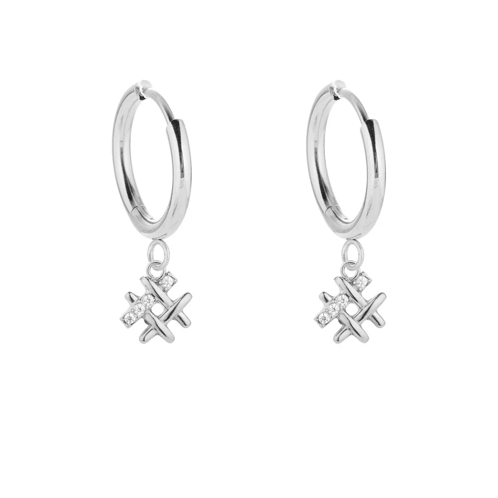 Polished 316 Stainless Steel Pavé Charm Hoop Earrings - Silver Symbol B