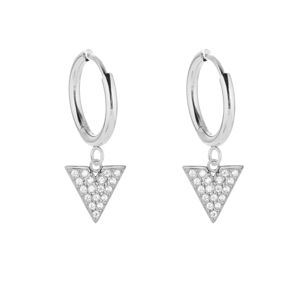 Polished 316 Stainless Steel Pavé Charm Hoop Earrings - Silver Triangle