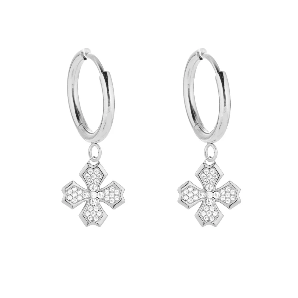 Polished 316 Stainless Steel Pavé Charm Hoop Earrings - Silver Flower