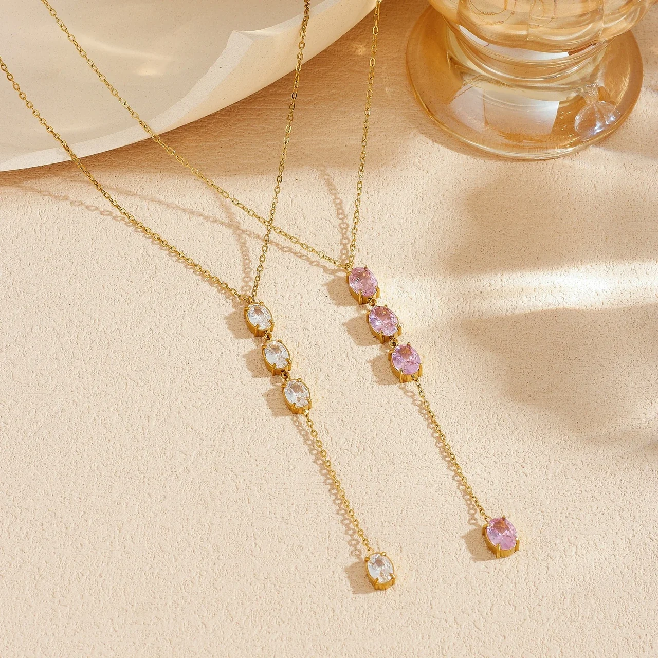 Y-Drop Necklace with Four Oval Crystals in Gold-Plated Steel