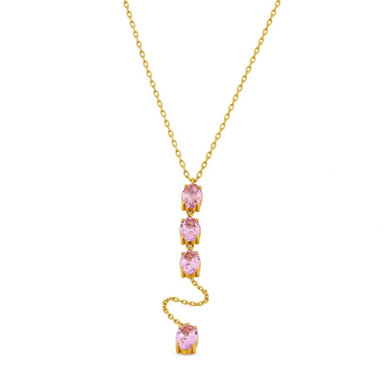 Y-Drop Necklace with Four Oval Crystals in Gold-Plated Steel - Pink