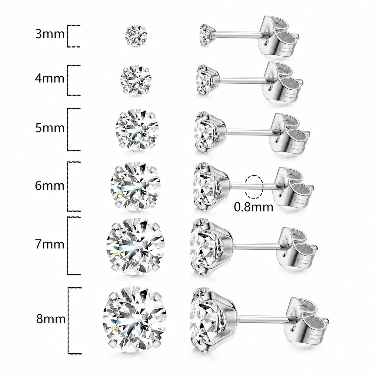 Polished 316 Stainless Steel Round CZ Stud Earrings