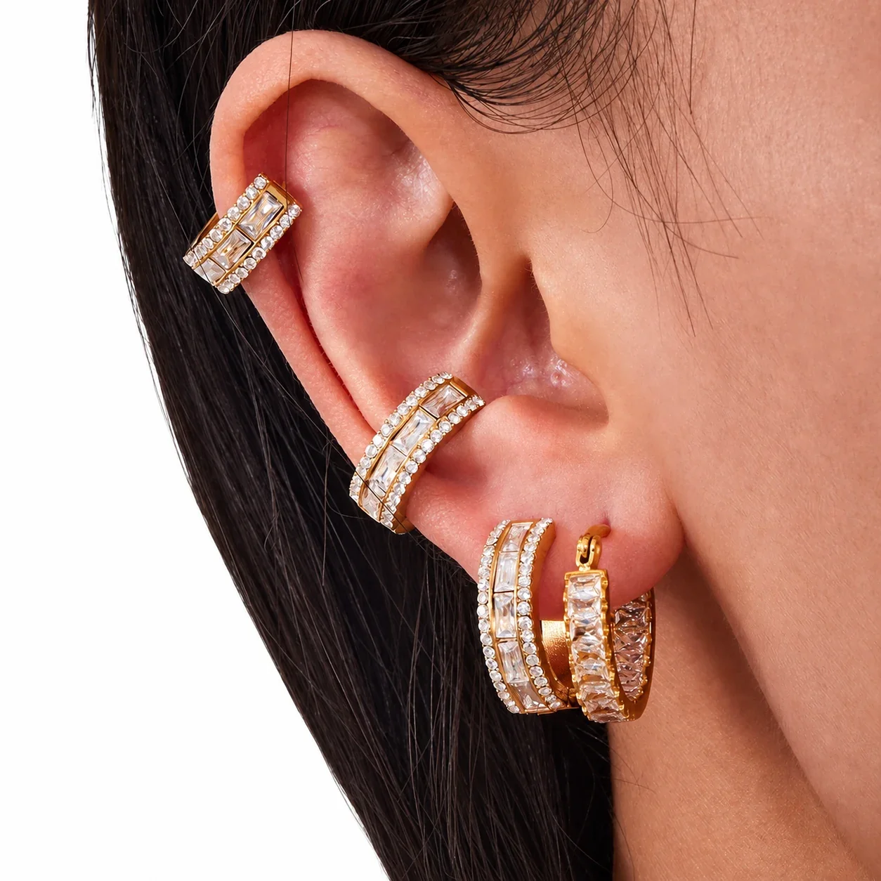 Radiant 18K Gold-Plated Baguette Pavé Hoop Earrings