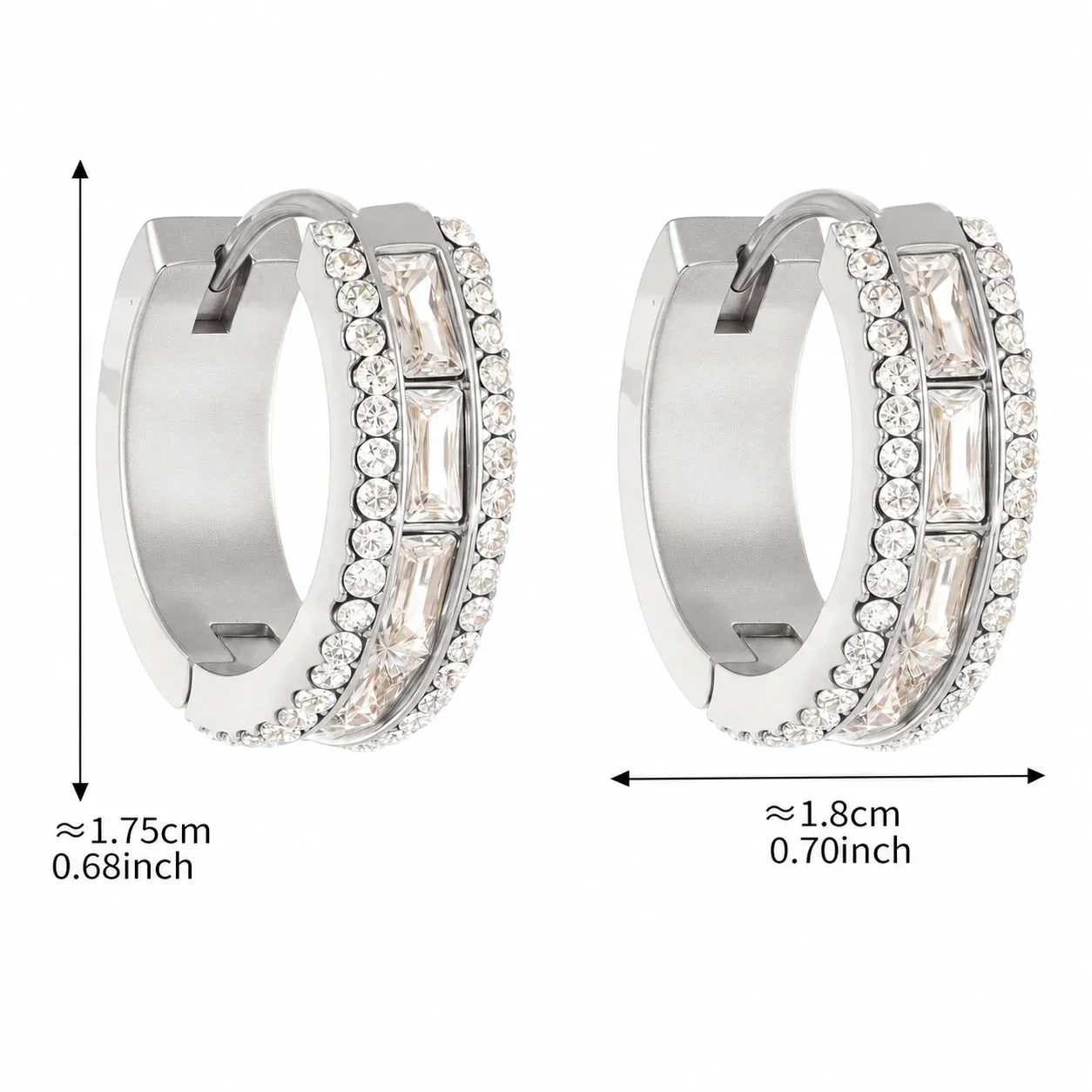 Radiant 18K Gold-Plated Baguette Pavé Hoop Earrings - Silver CZ mm
