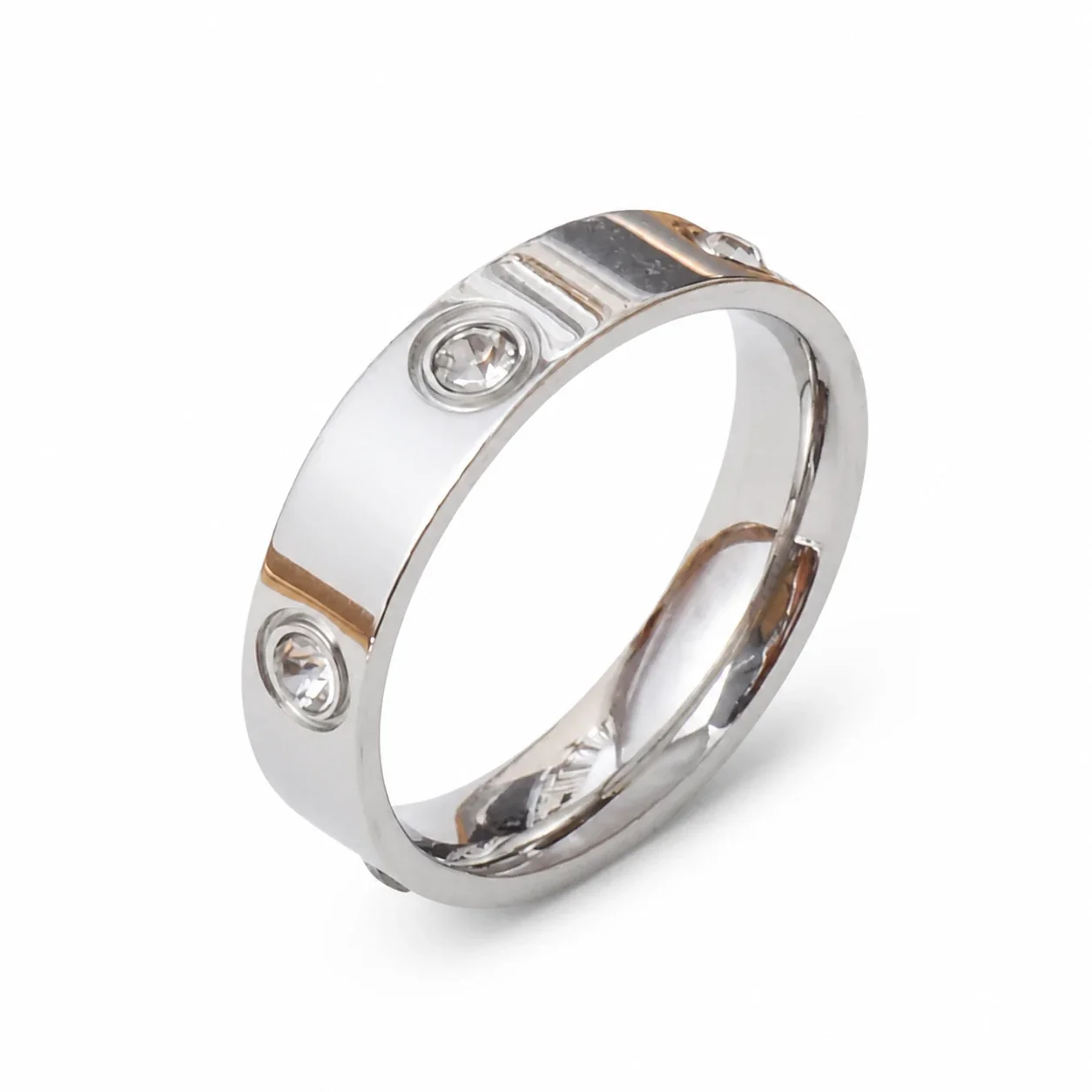 Band Ring with Bezel CZ Grooves 316 Stainless Steel PVD - Silver Size