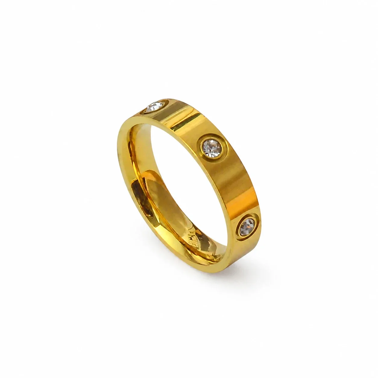 Band Ring with Bezel CZ Grooves 316 Stainless Steel PVD - Gold