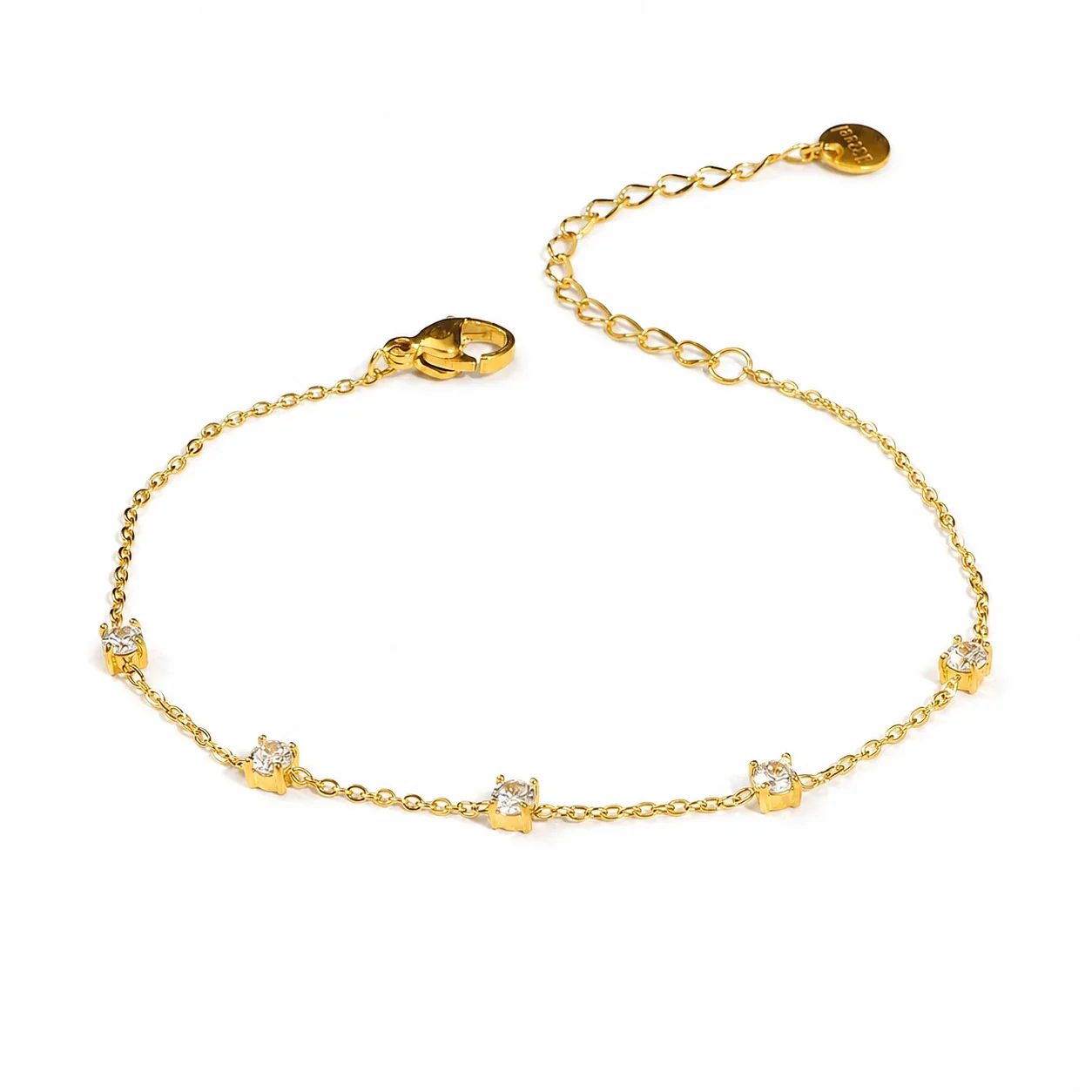 Delicate Gold-Plated Five Round Crystal Chain Bracelet - Gold
