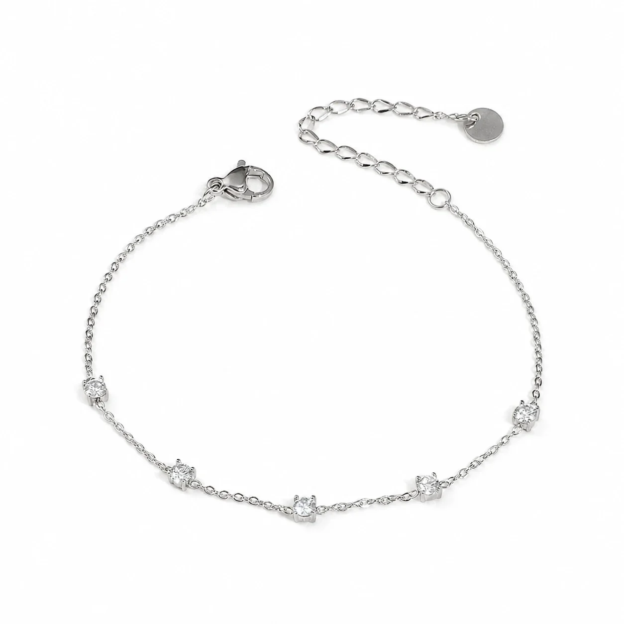 Delicate Gold-Plated Five Round Crystal Chain Bracelet - Silver