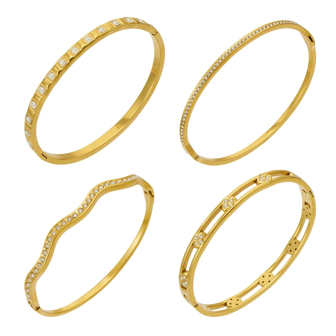 Wavy Gold PVD 316L Stainless Steel Baguette CZ Flower Bangle