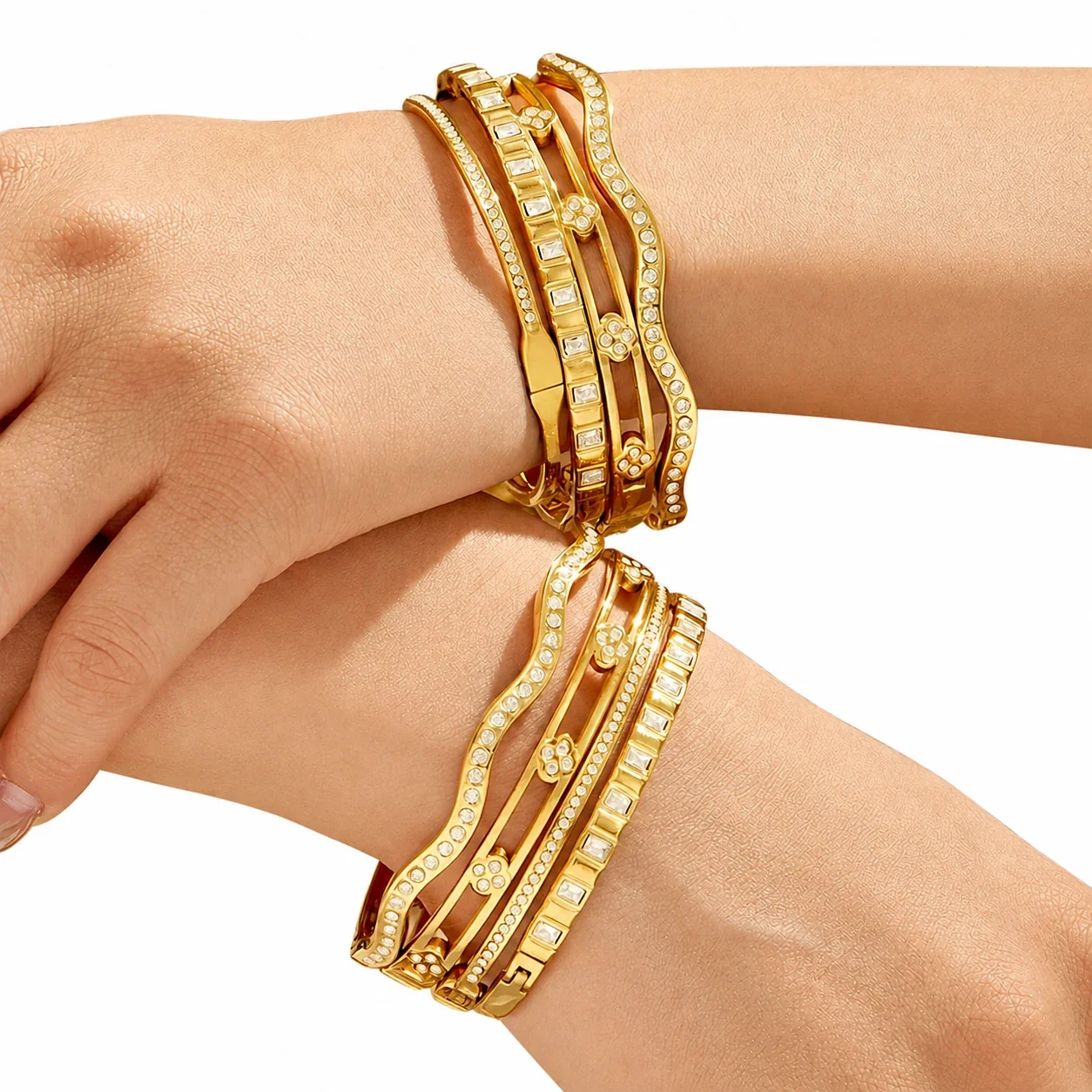 Wavy Gold PVD 316L Baguette CZ Flower Bangle