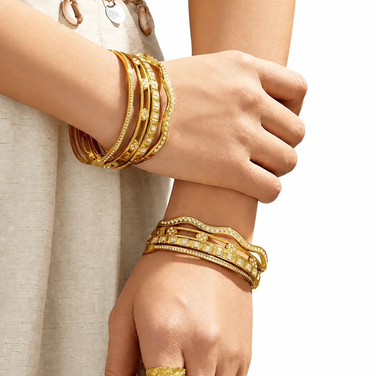 Wavy Gold PVD 316L Baguette CZ Flower Bangle