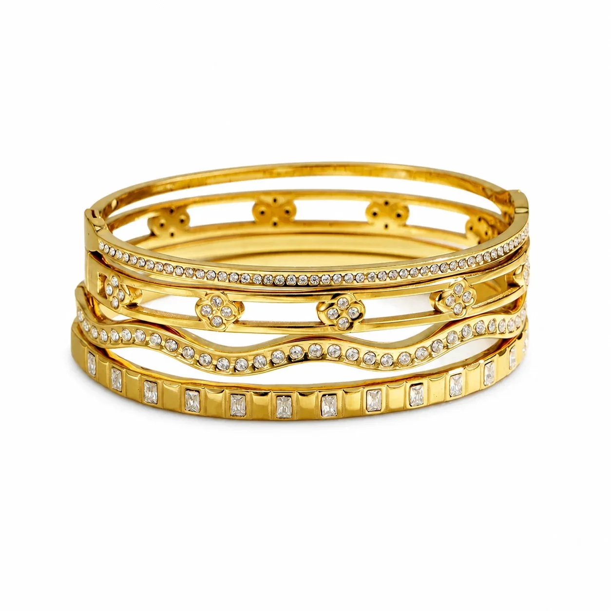 Wavy Gold PVD 316L Baguette CZ Flower Bangle