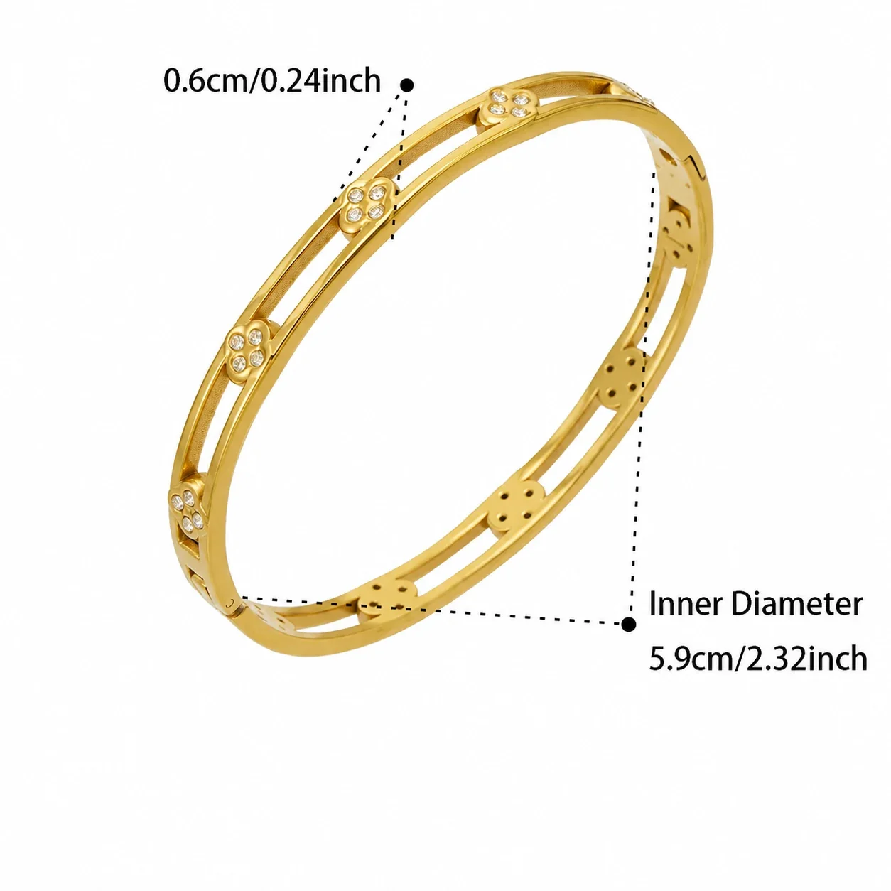 Wavy Gold PVD 316L Baguette CZ Flower Bangle - Gold Flower CZ