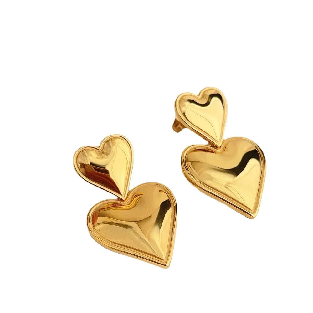 Heart Drop Stud Earrings, Double-Heart Gold PVD Stainless Steel