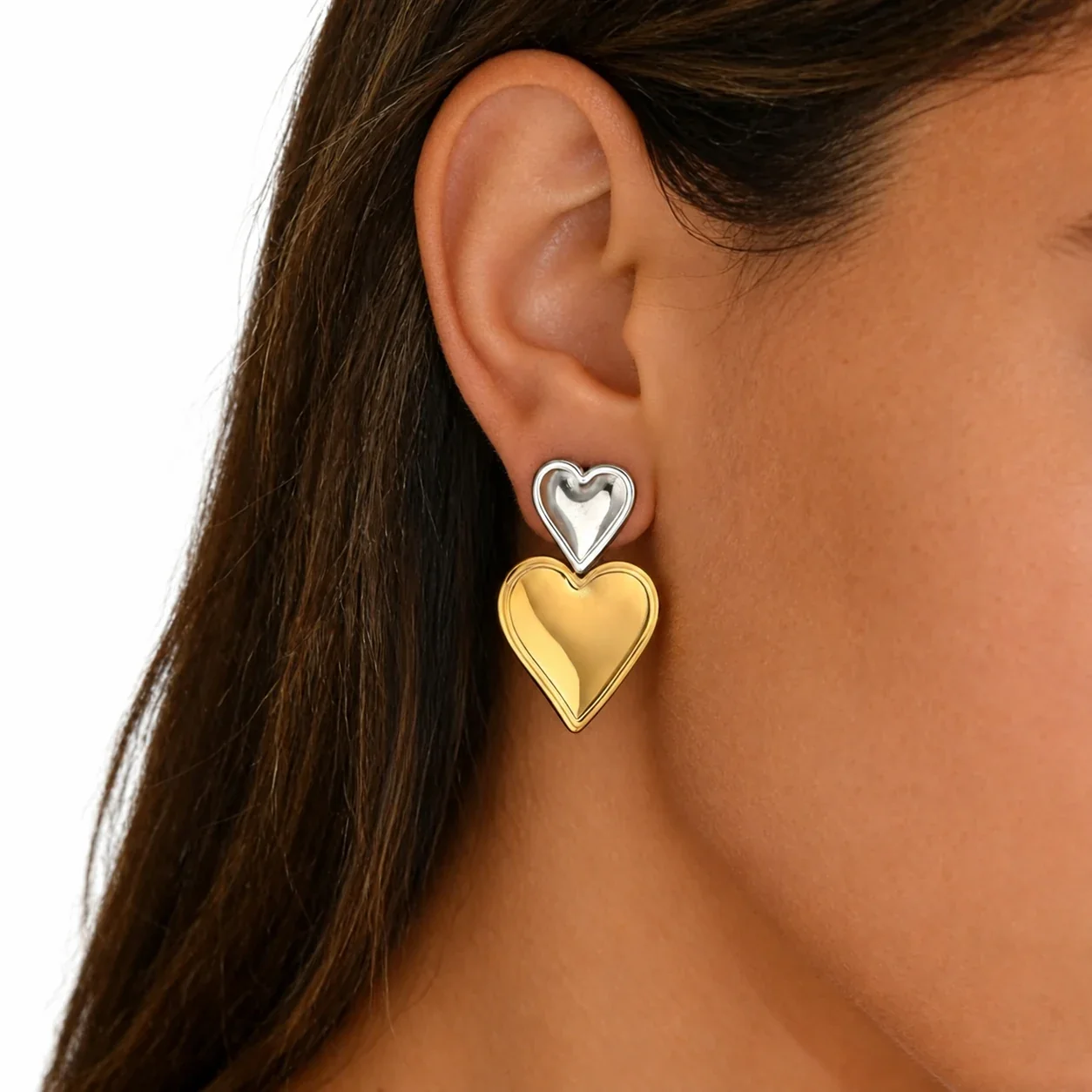 Heart Drop Stud Earrings, Double-Heart Gold PVD Stainless Steel