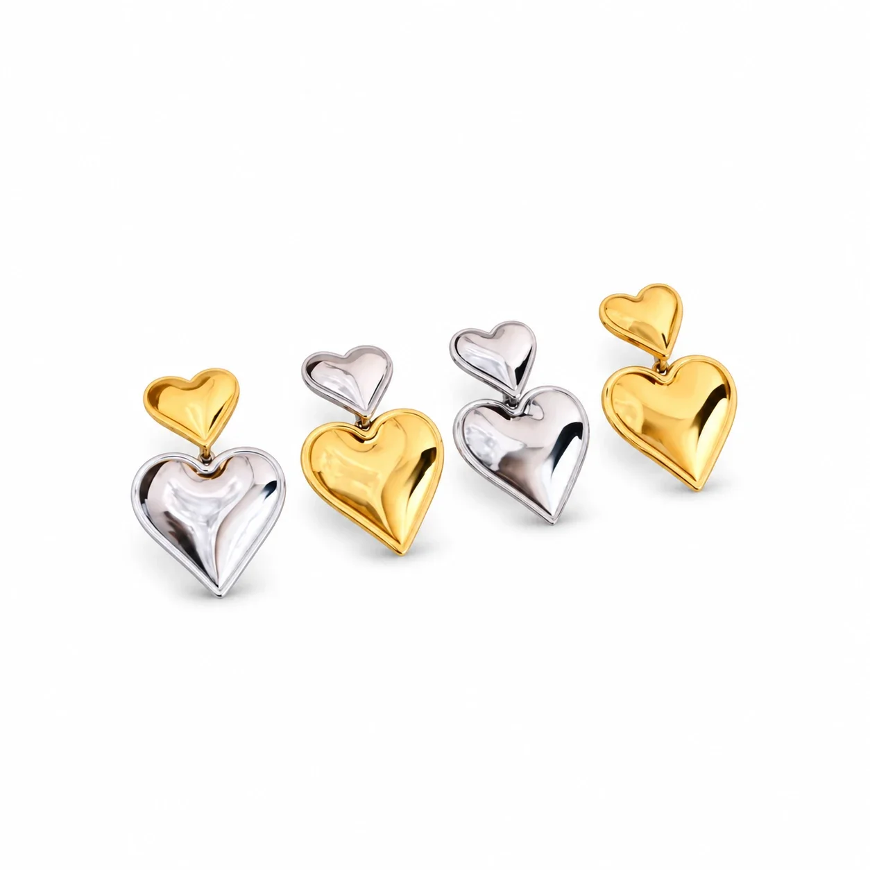 Heart Drop Stud Earrings, Double-Heart Gold PVD Stainless Steel