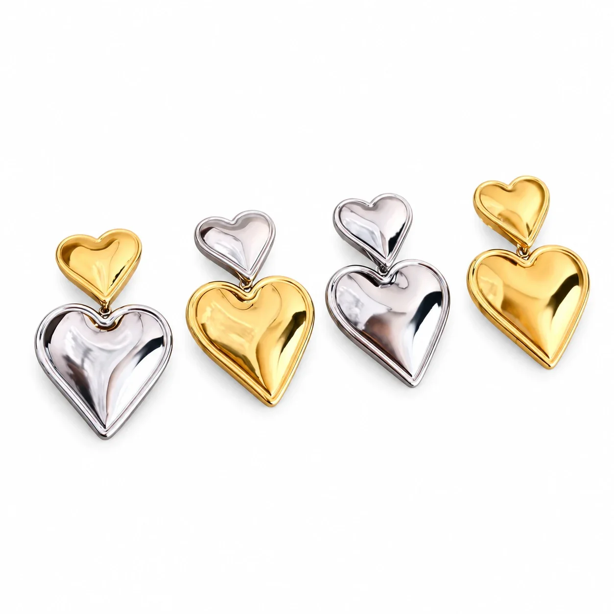 Heart Drop Stud Earrings, Double-Heart Gold PVD Stainless Steel