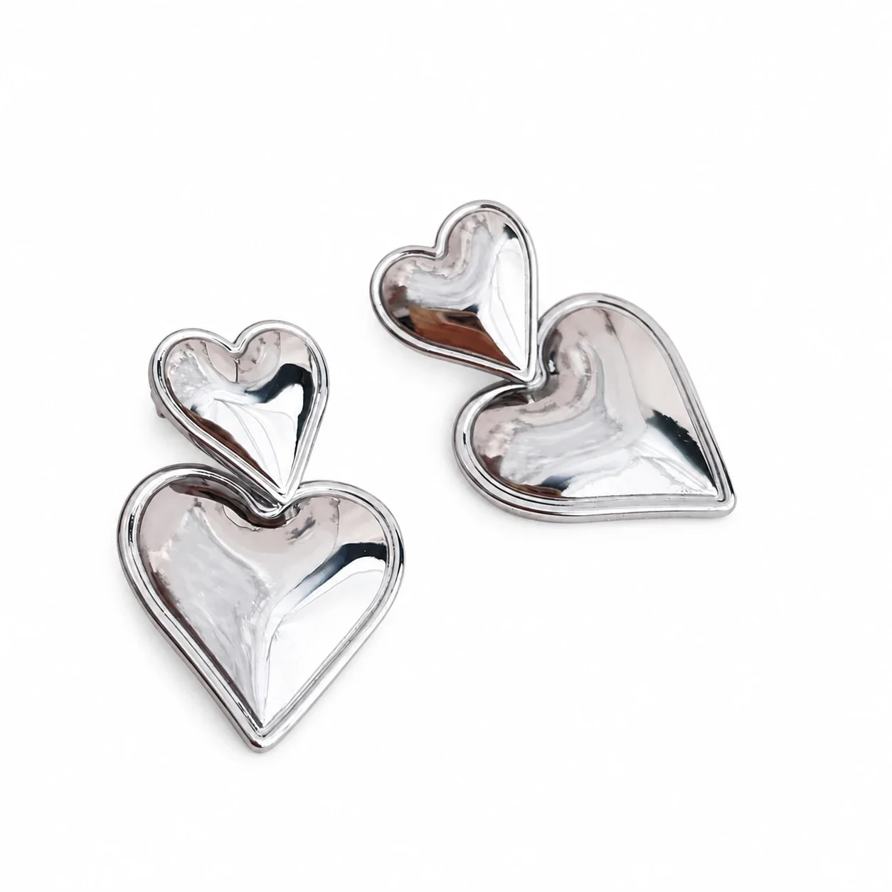 Heart Drop Stud Earrings, Double-Heart Gold PVD Stainless Steel - Silver