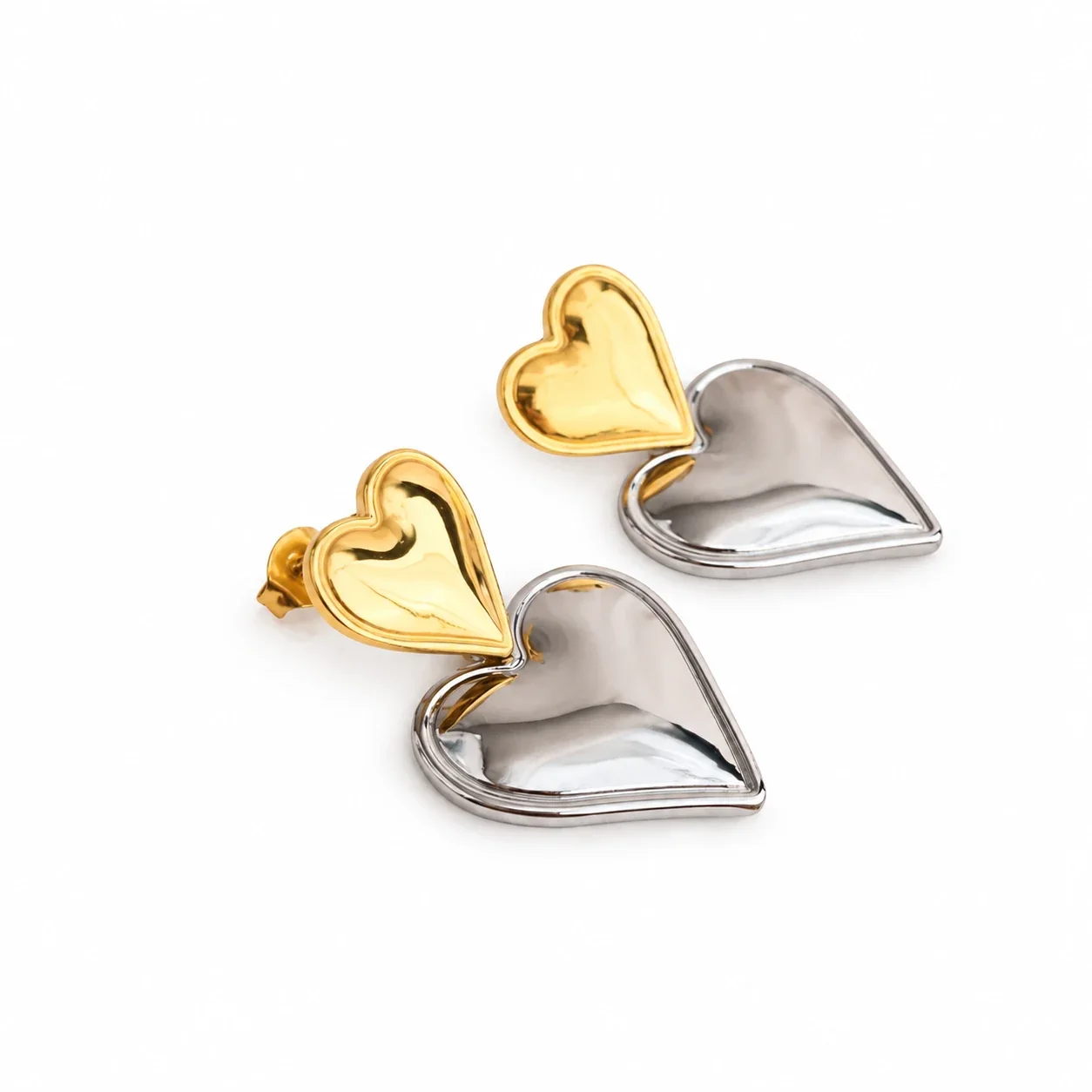 Heart Drop Stud Earrings, Double-Heart Gold PVD Stainless Steel - Two-Tone Small