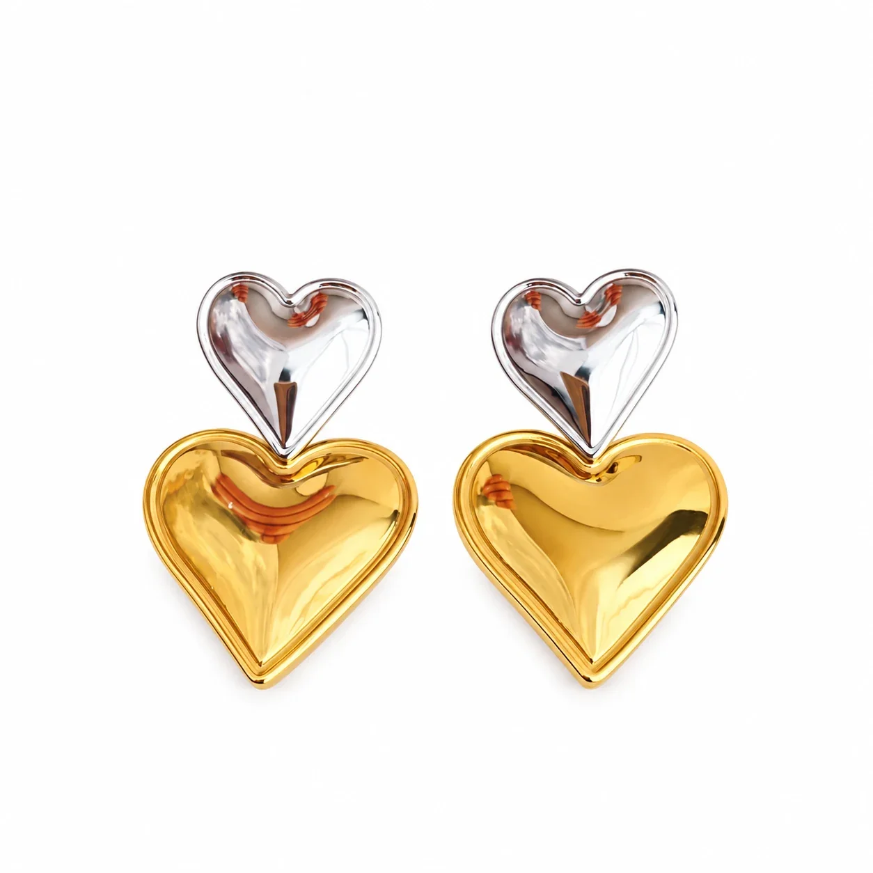 Heart Drop Stud Earrings, Double-Heart Gold PVD Stainless Steel - Two-Tone Large