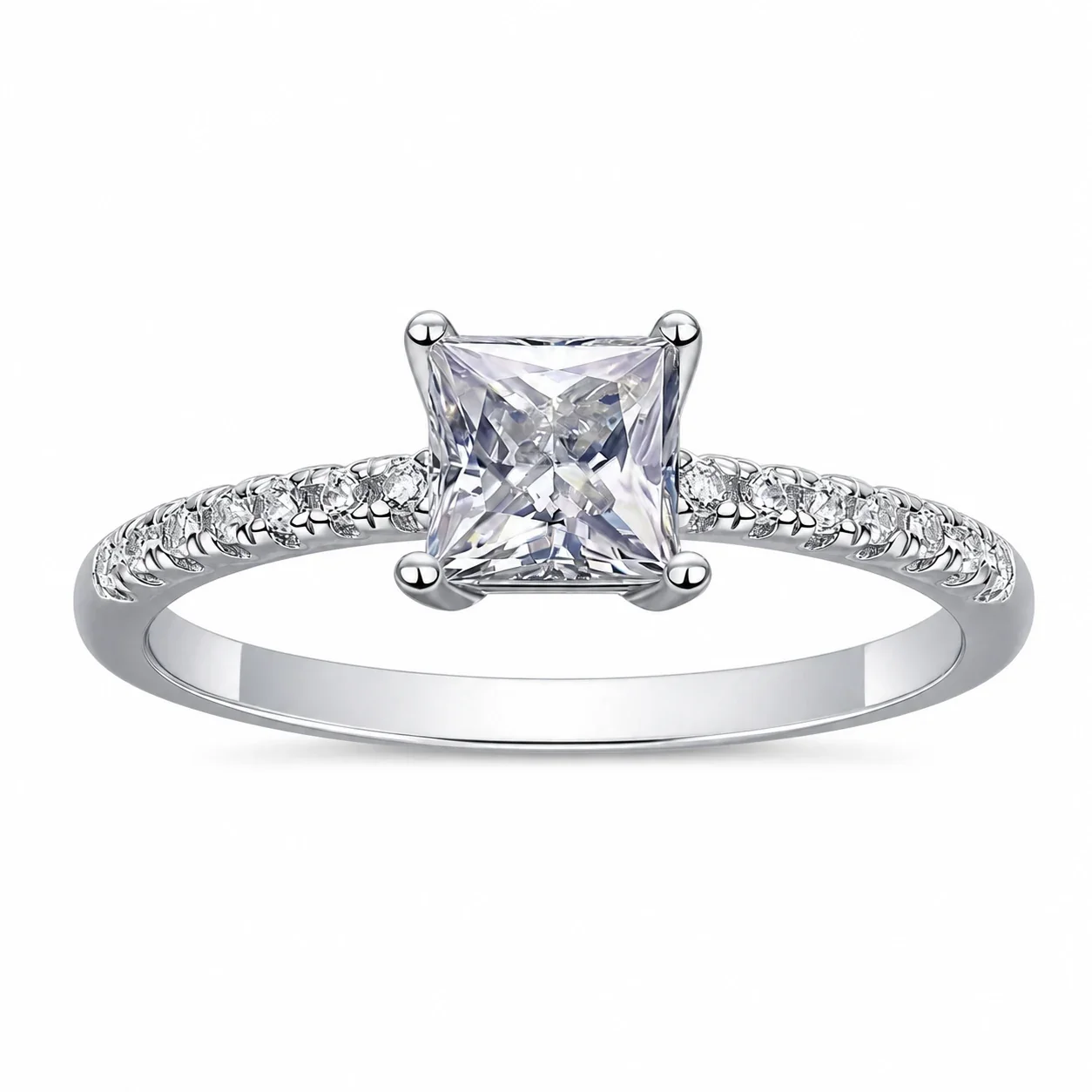 Radiant Silver-Tone Princess-Cut Pavé Solitaire Ring
