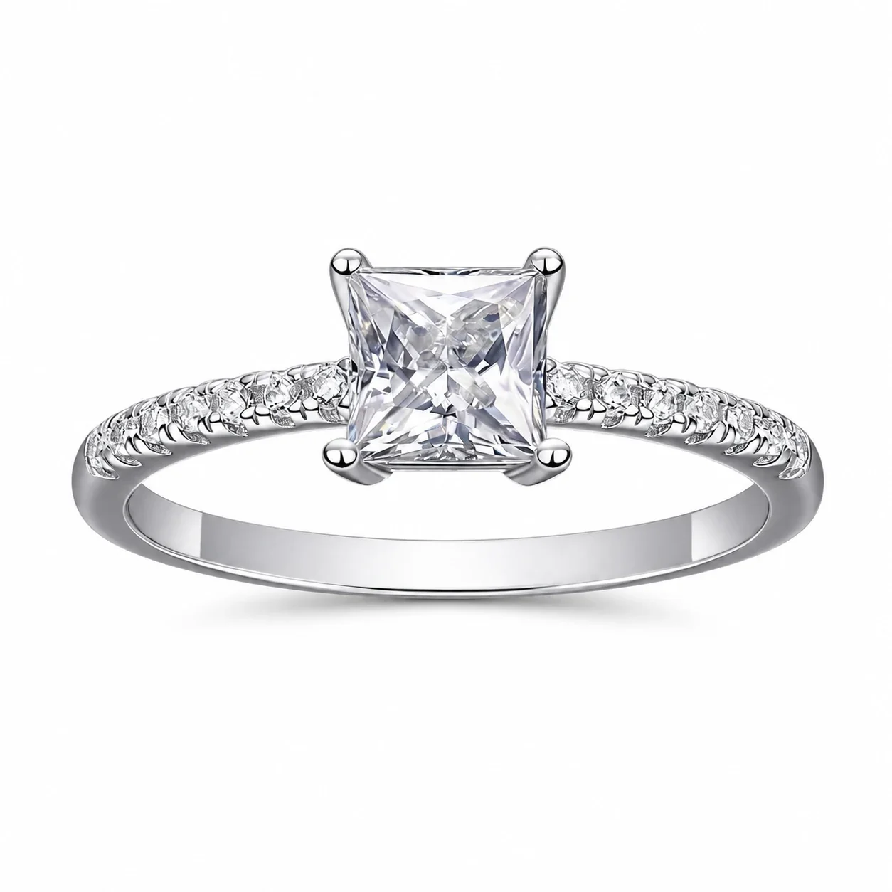 Radiant Silver-Tone Princess-Cut Pavé Solitaire Ring