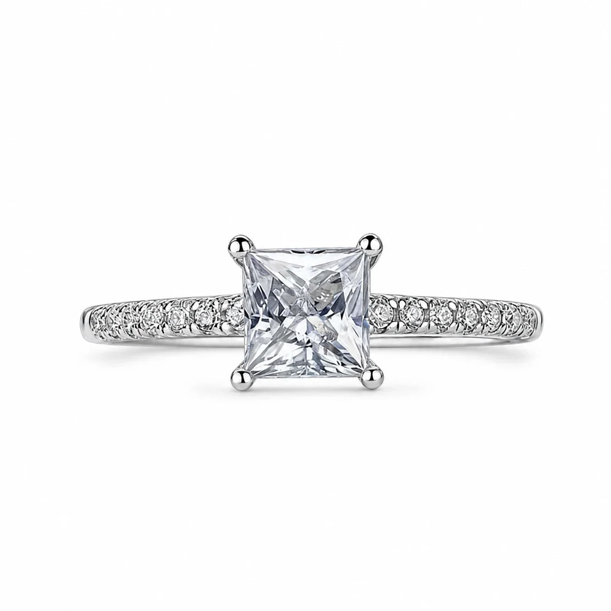 Radiant Silver-Tone Princess-Cut Pavé Solitaire Ring