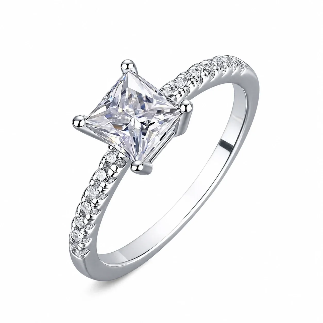 Radiant Silver-Tone Princess-Cut Pavé Solitaire Ring