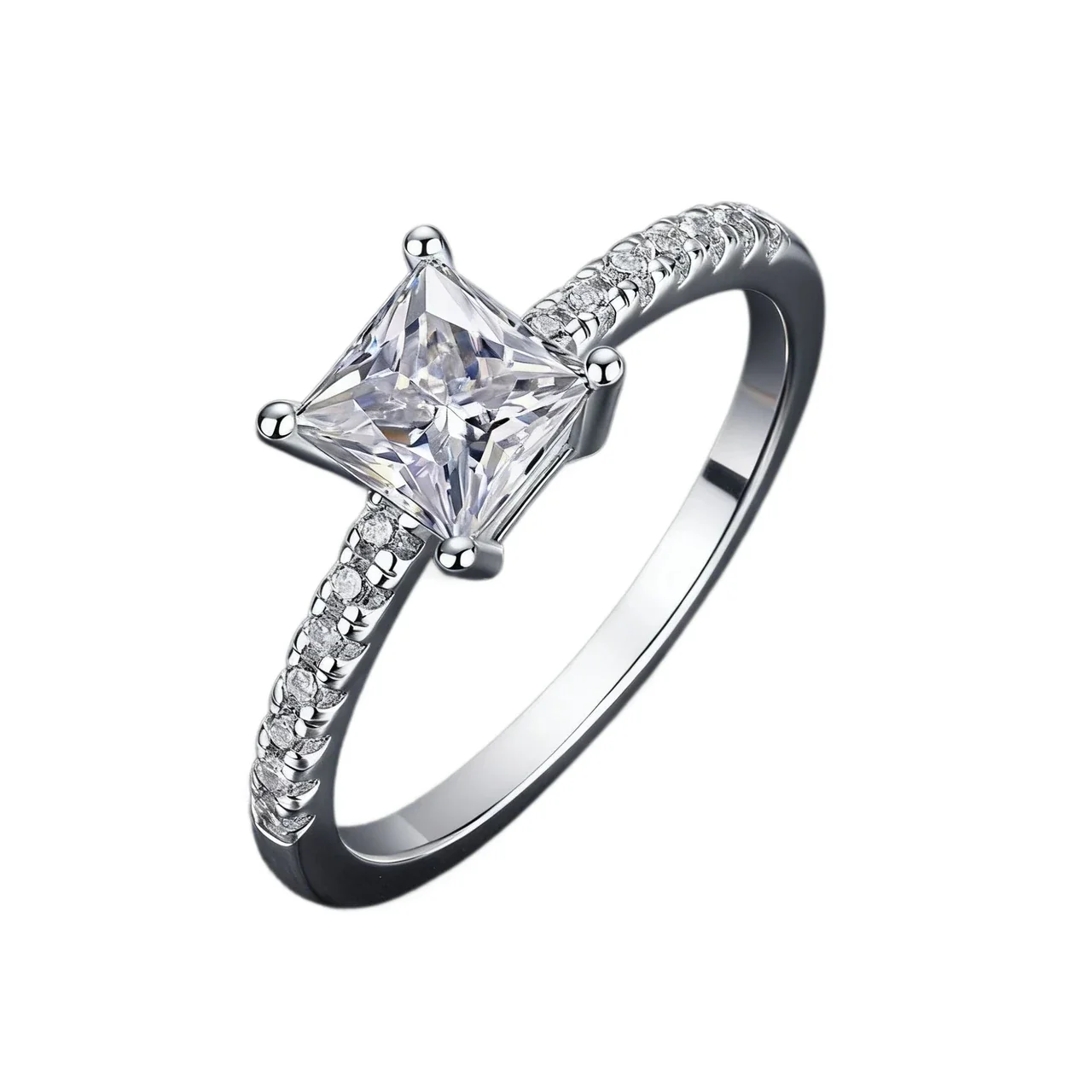 Radiant Silver-Tone Princess-Cut Pavé Solitaire Ring