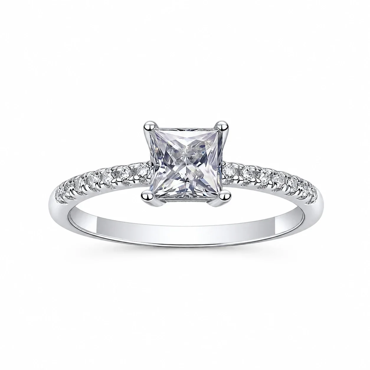 Radiant Silver-Tone Princess-Cut Pavé Solitaire Ring - Silver