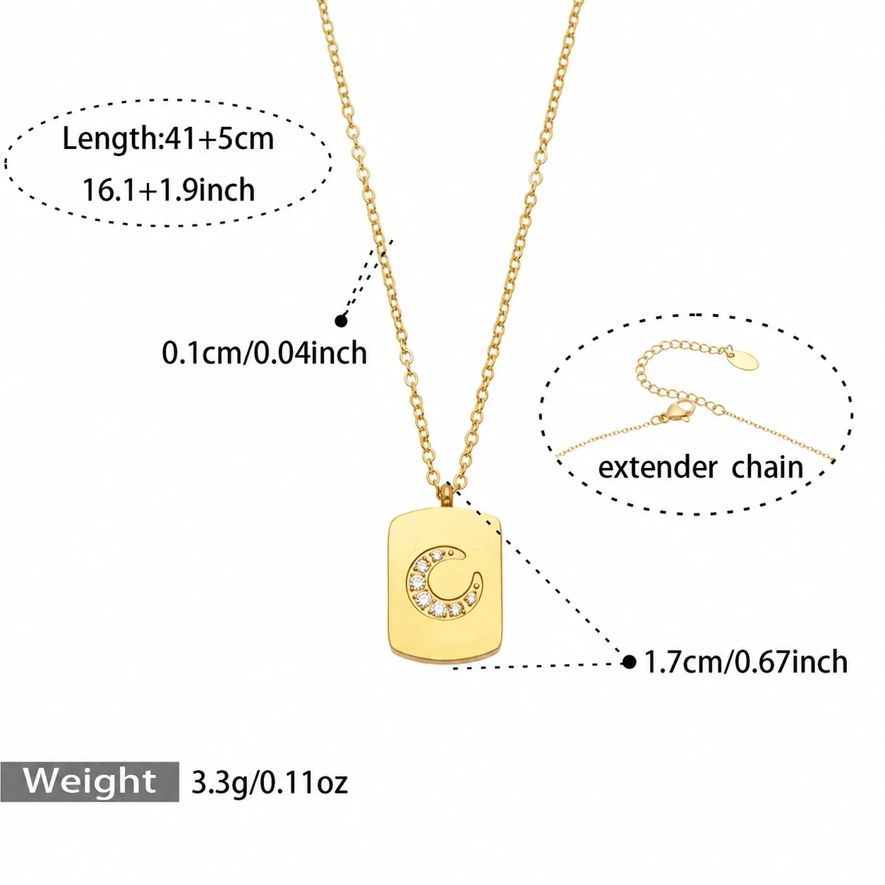 Geometric Moon Pendant Necklace in 18K Gold PVD Steel - Gold Cubic Zirconia Moon - 41+5 cm