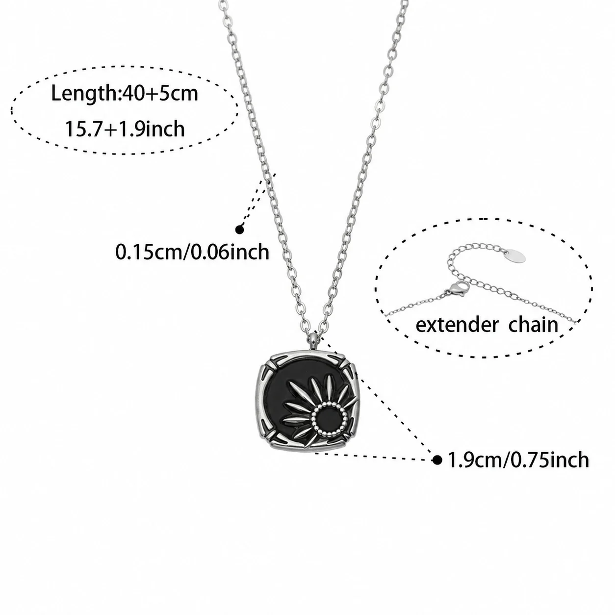 Geometric Moon Pendant Necklace in 18K Gold PVD Steel - Silver Black Resin Sun - 40+5 cm