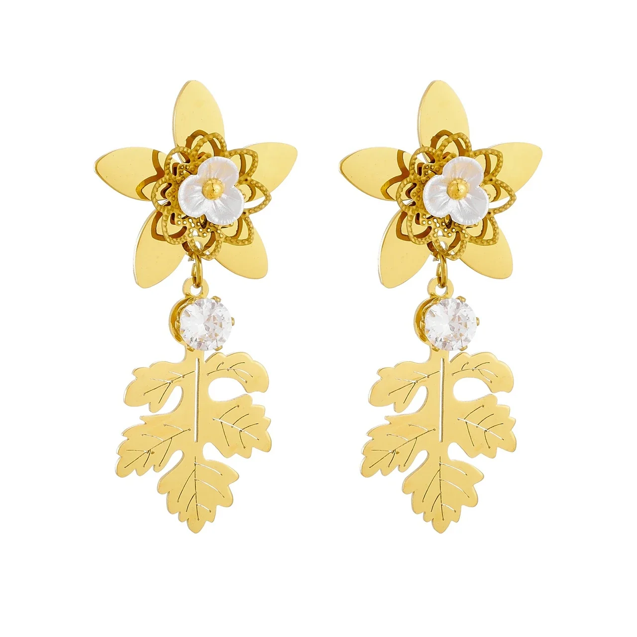 Drop Earrings, Flower & Oak Leaf, Gold-Plated Stainless Steel