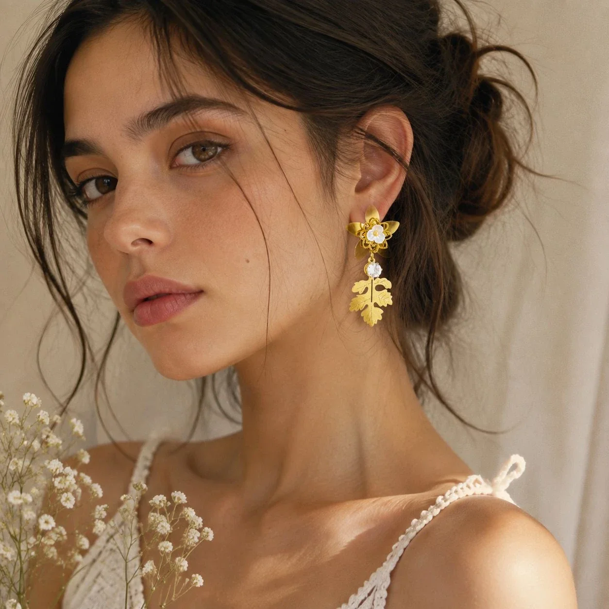 Drop Earrings, Flower & Oak Leaf, Gold-Plated Stainless Steel
