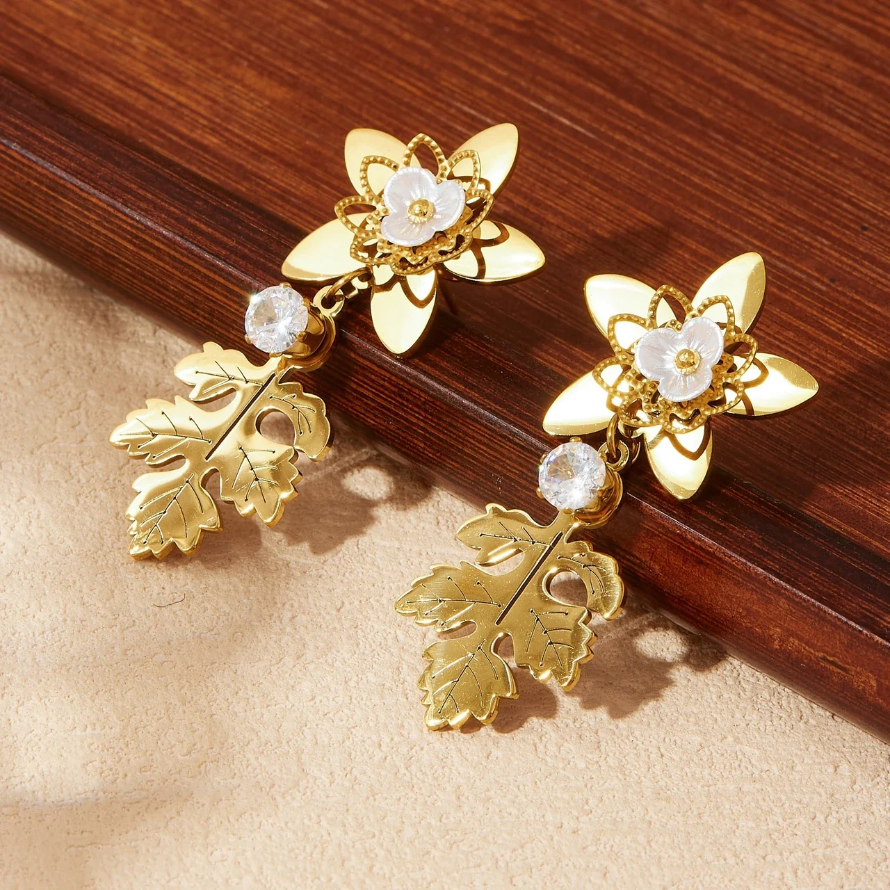 Drop Earrings, Flower & Oak Leaf, Gold-Plated Stainless Steel