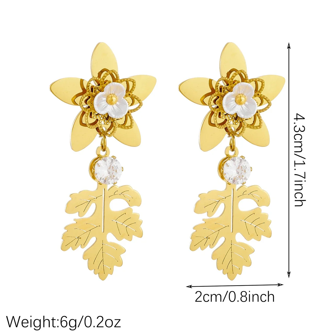 Drop Earrings, Flower & Oak Leaf, Gold-Plated Stainless Steel