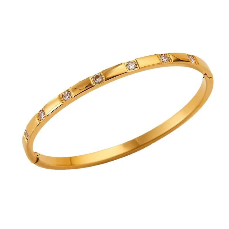 Stainless Steel Bangle with Square Crystal Stations, Gold-Plated