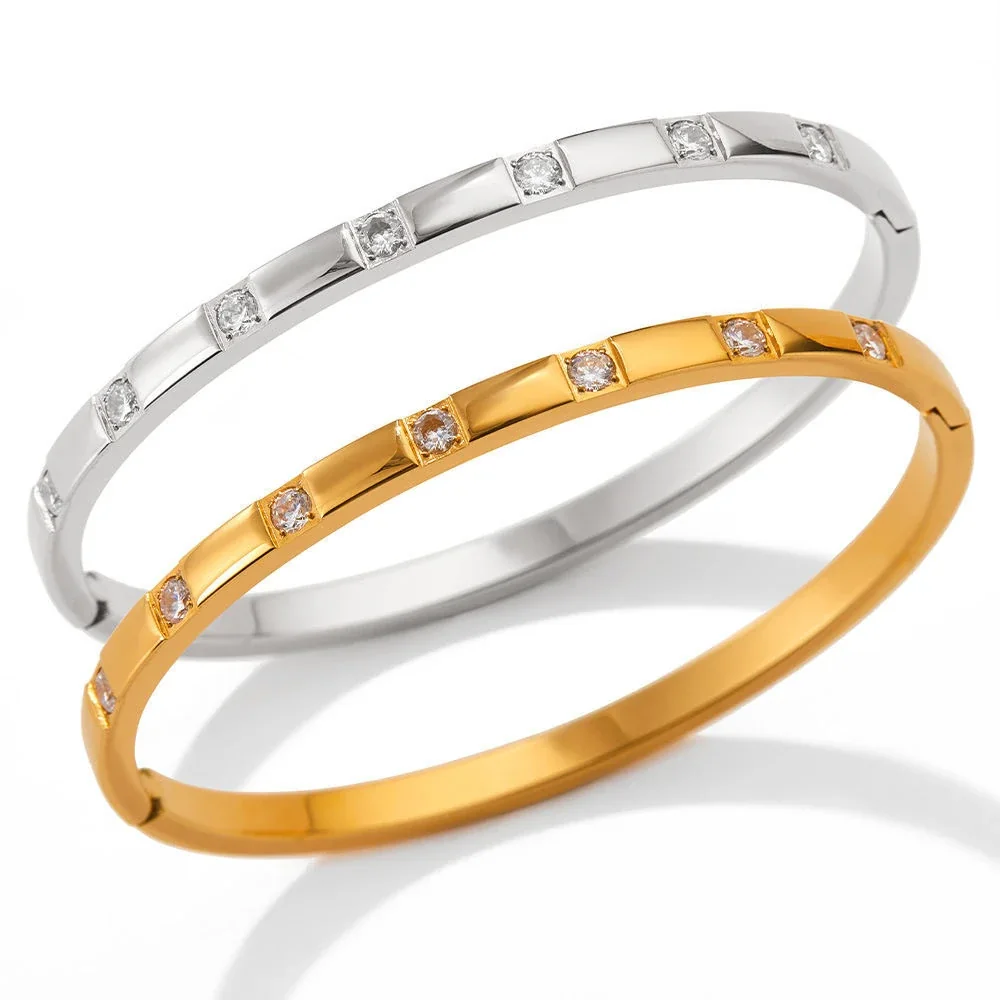 Stainless Steel Bangle with Square Crystal Stations, Gold-Plated