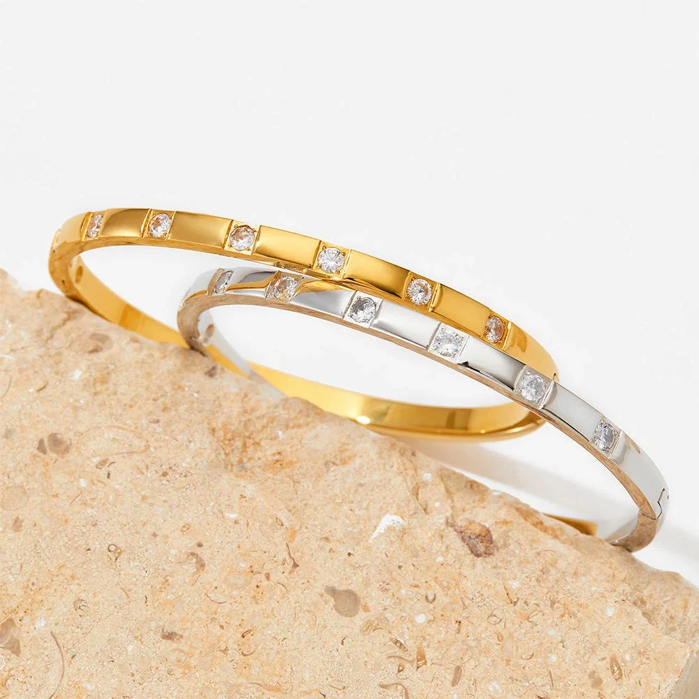 Stainless Steel Bangle with Square Crystal Stations, Gold-Plated