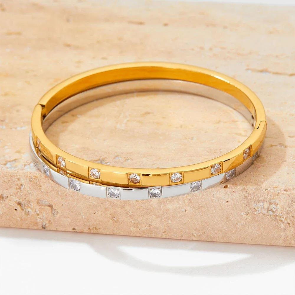 Stainless Steel Bangle with Square Crystal Stations, Gold-Plated