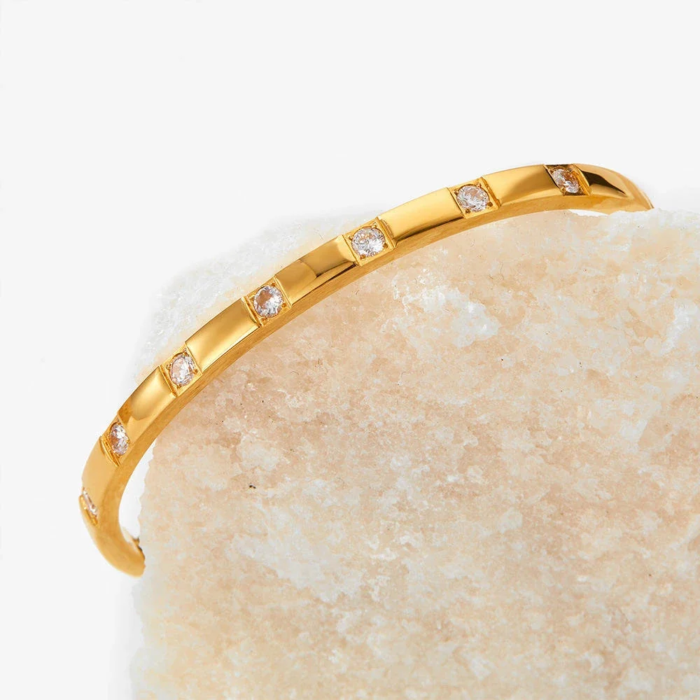 Stainless Steel Bangle with Square Crystal Stations, Gold-Plated