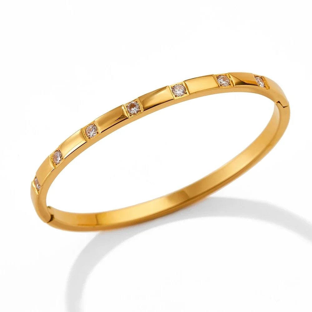 Stainless Steel Bangle with Square Crystal Stations, Gold-Plated - Gold